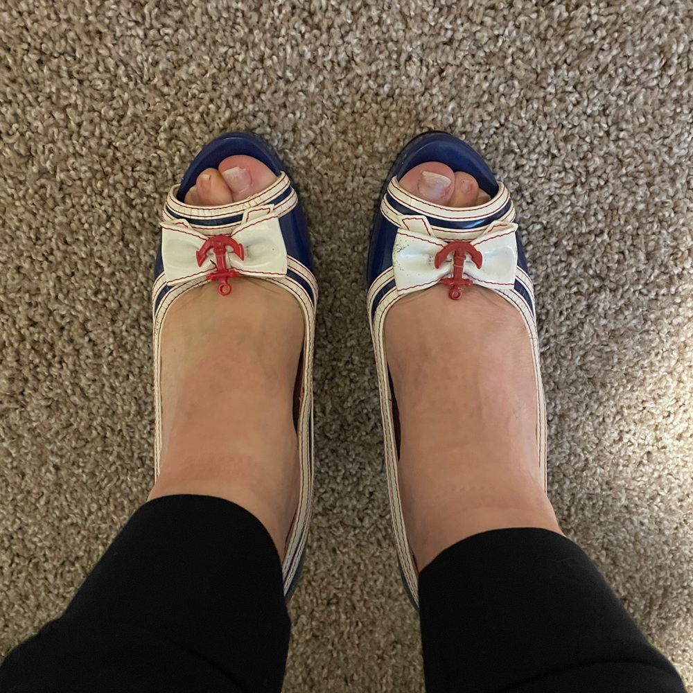 Leg Avenue Blue and White Peep-Toe Heels